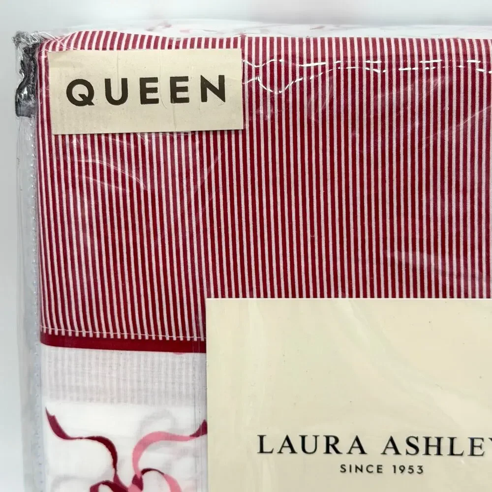 Laura Ashley Trailing Bows Red & White Striped Hem 4pc QUEEN Sheet Set NEW